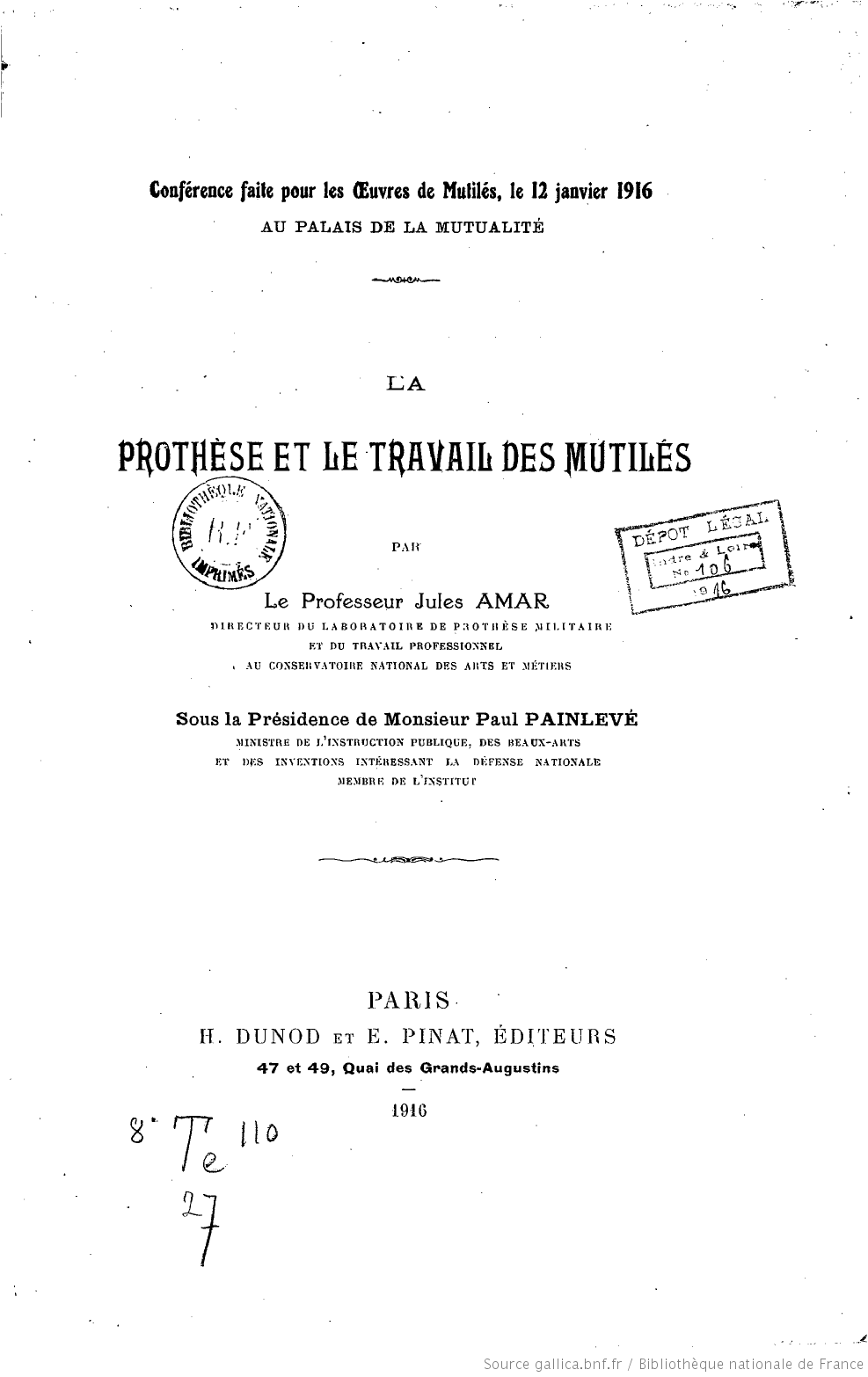 Amar: La prothèse et le travail des mutilés