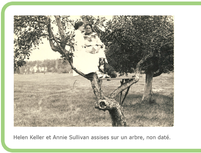 Helen Keller et Annie Sullivan assises sur un arbre, non daté